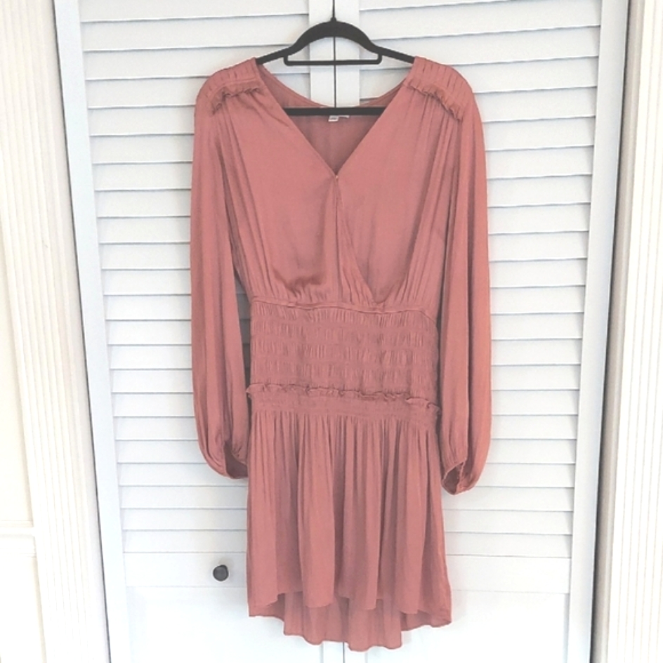 Anthropologie Current Air Dress, Size Large, Rose Gold, Silky, Pleats, Smocking